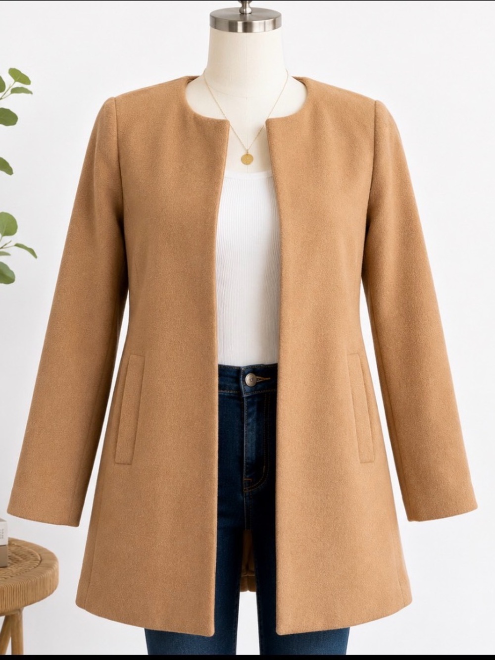 Skies Are Blue Camel Wool Blend Coat M Classic Minimalist Office Quiet Luxury - Picture 2 of 11